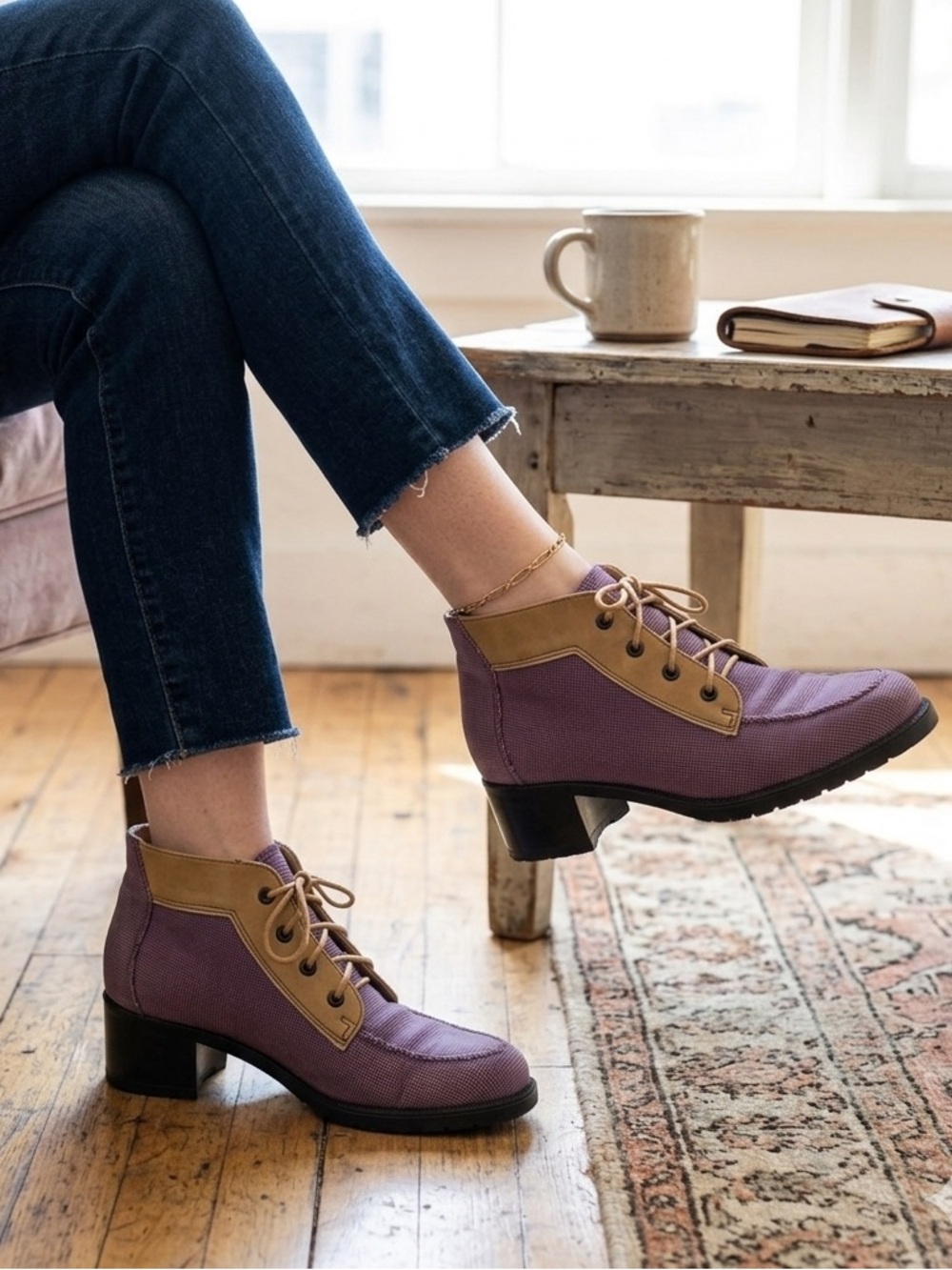 Nicole St. Louis Handcrafted Purple & Tan Two-Tone Lace-Up Booties - Picture 1 of 15